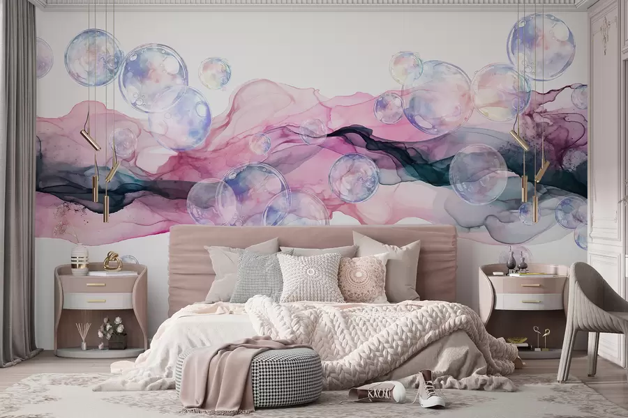 wall murals Colorful abstract fluid shapes with bubbles, swirls of pink, blue, and purple hues against a white background w08337