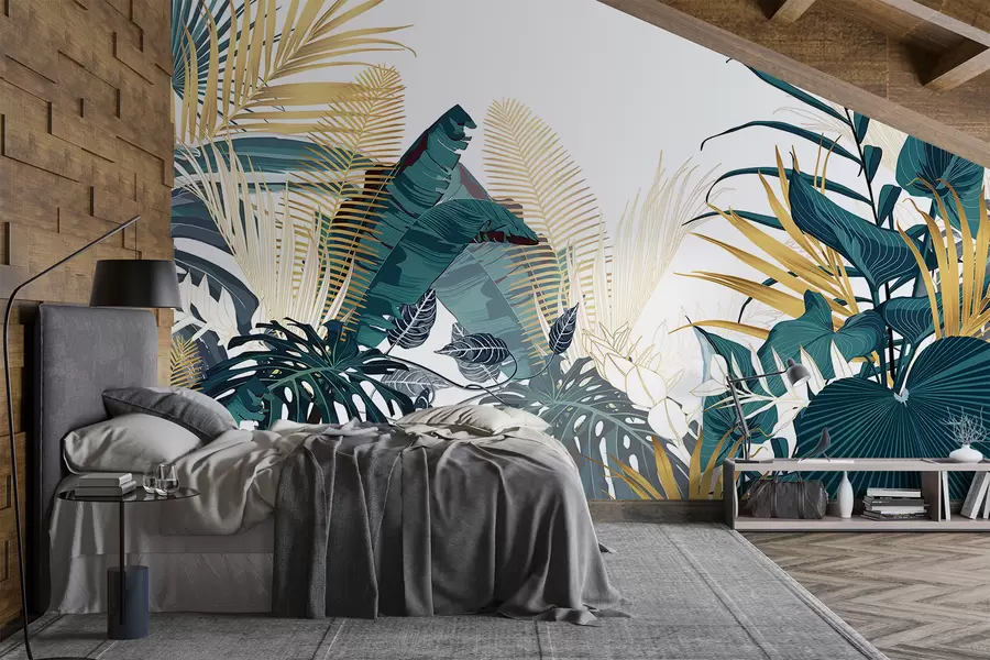wall murals A tropical lush green foliage, including palm leaves, ferns, and other exotic plants in dark green and orange colors w08338