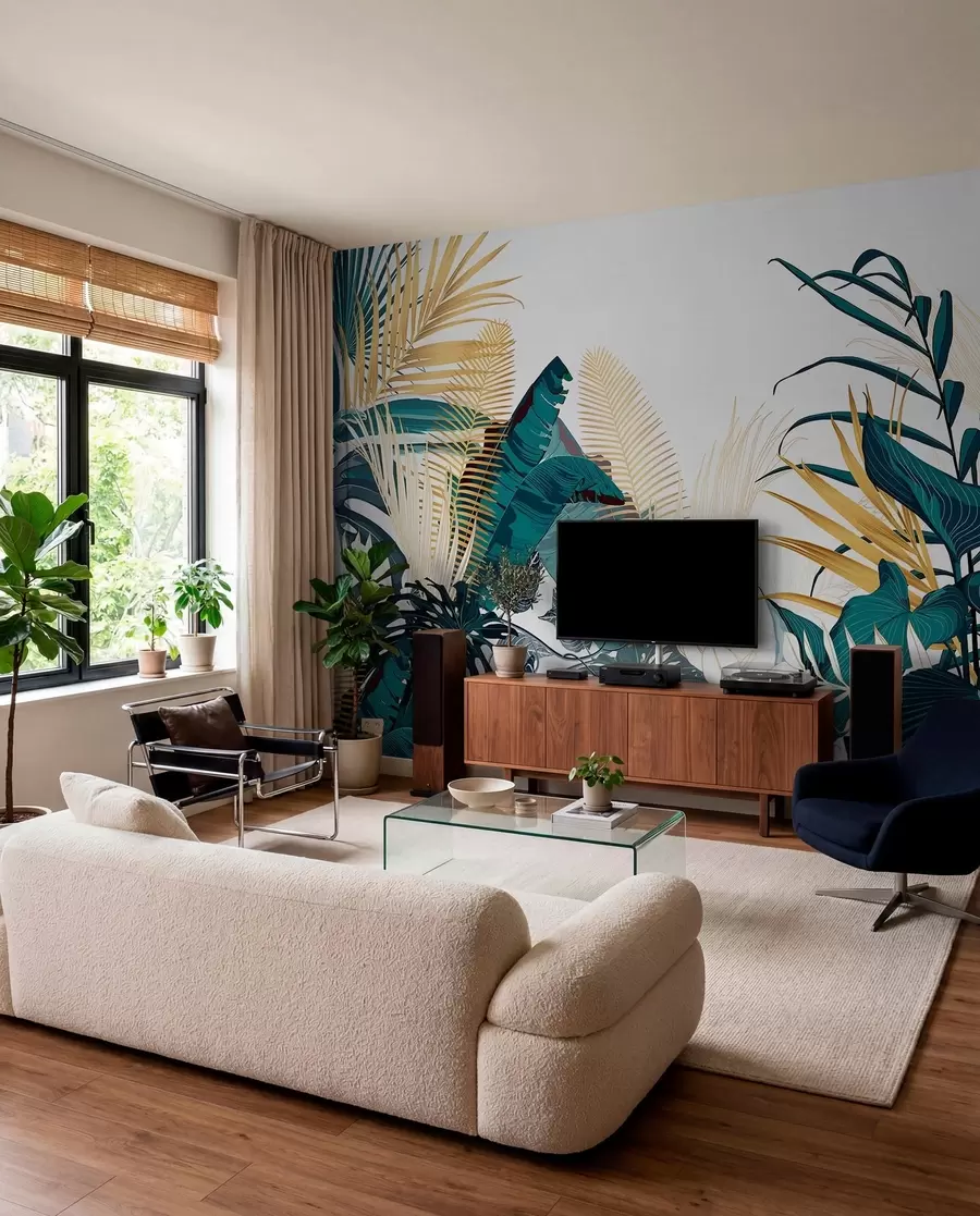 wall murals A tropical lush green foliage, including palm leaves, ferns, and other exotic plants in dark green and orange colors w08338