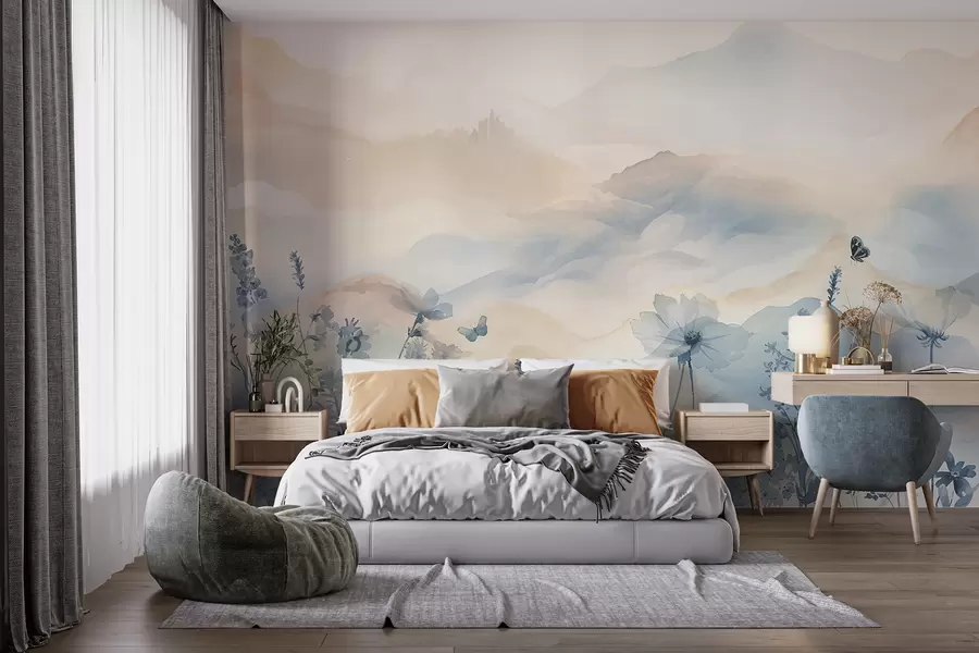wall murals A serene landscape with a misty mountain range in the background, surrounded by a field of delicate blue flowers w08339