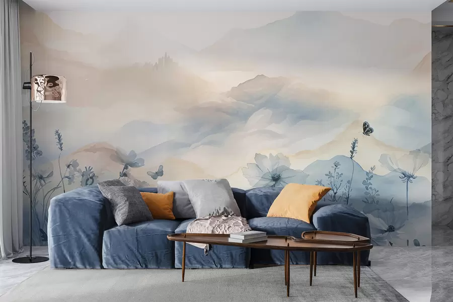 wall murals A serene landscape with a misty mountain range in the background, surrounded by a field of delicate blue flowers w08339