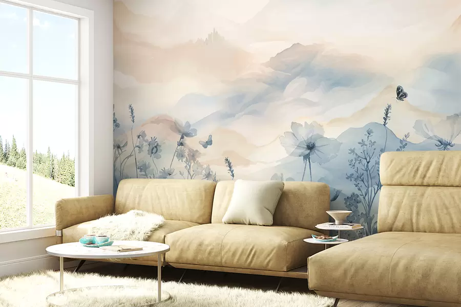 wall murals A serene landscape with a misty mountain range in the background, surrounded by a field of delicate blue flowers w08339