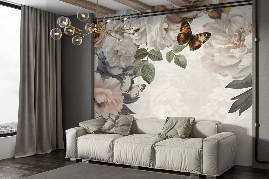 wall murals Large white and pink peony flowers with a butterfly perched on one of the blooms on a soft, blurred background w08340