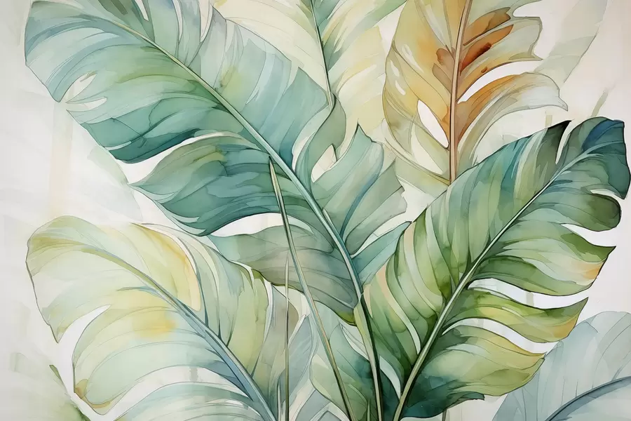 wall murals Tropical banana palm leaves wet watercolor w01775