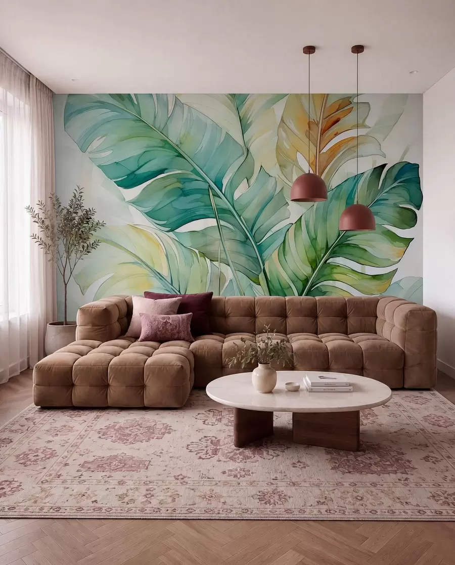 wall murals Tropical banana palm leaves wet watercolor w01775