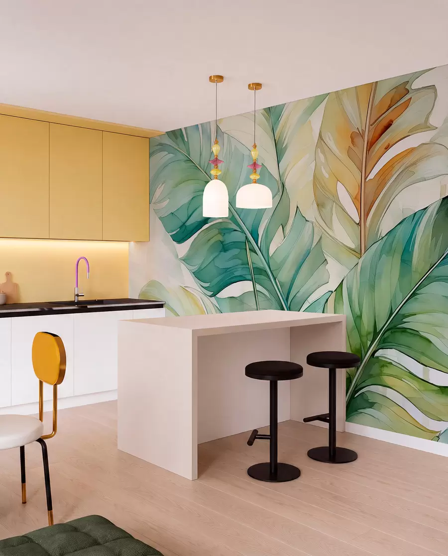 wall murals Tropical banana palm leaves wet watercolor w01775