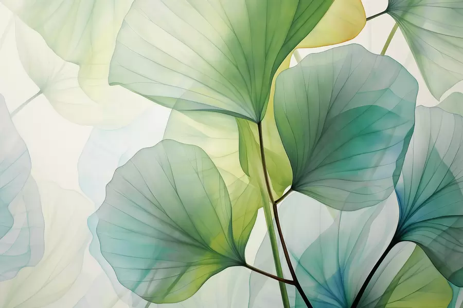 wall murals Watercolor translucent large leaves, green, blue color w01777