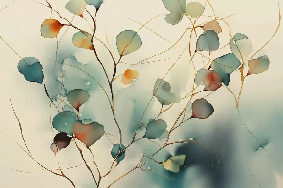 wall murals Abstract branches with leaves blurred wet watercolor w01779