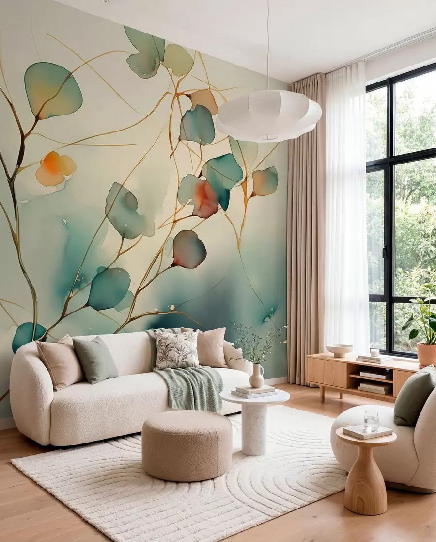 wall murals Abstract branches with leaves blurred wet watercolor w01779