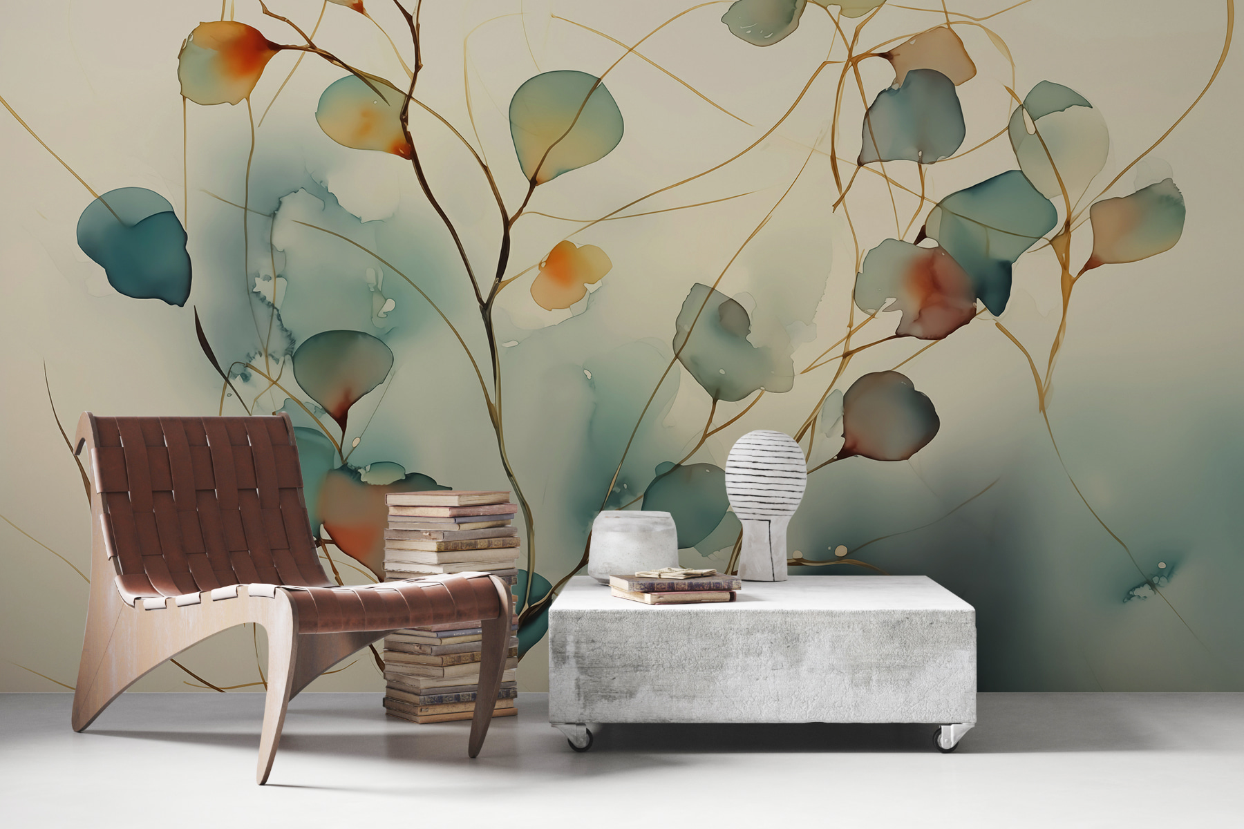 Wall murals Abstract branches with leaves blurred wet watercolor nr ...