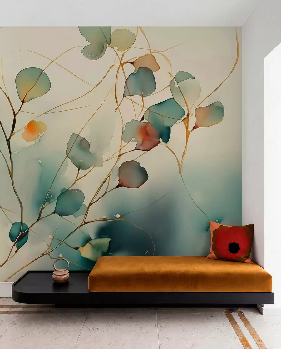 wall murals Abstract branches with leaves blurred wet watercolor w01779