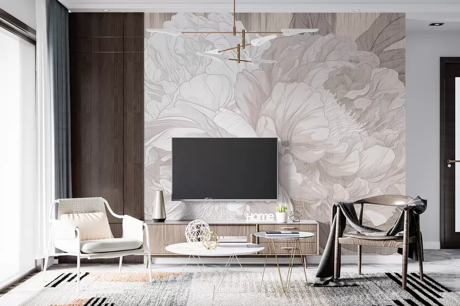 wall murals Textured large peony flowers in beige shades w01141