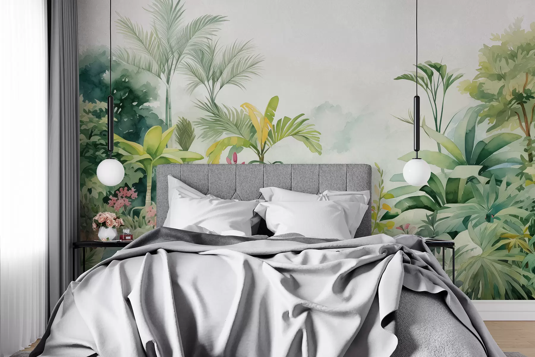 wall murals Jungle forest, watercolor, palm trees, floral, soft colors w01785