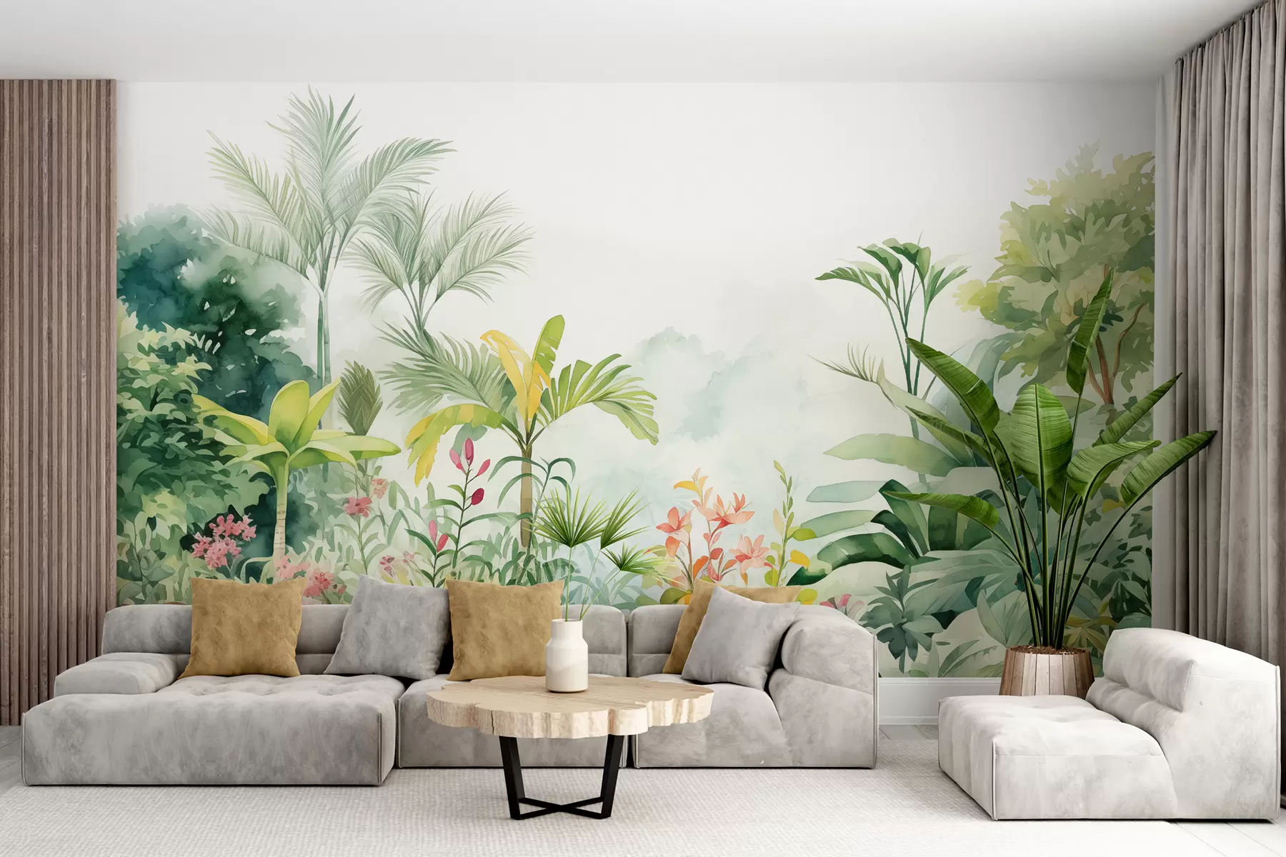 wall murals Jungle forest, watercolor, palm trees, floral, soft colors w01785