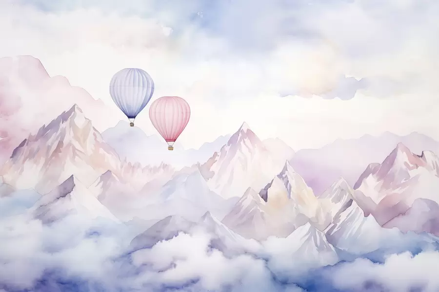 wall murals Watercolor mountains with air balloons, ethereal  w01786