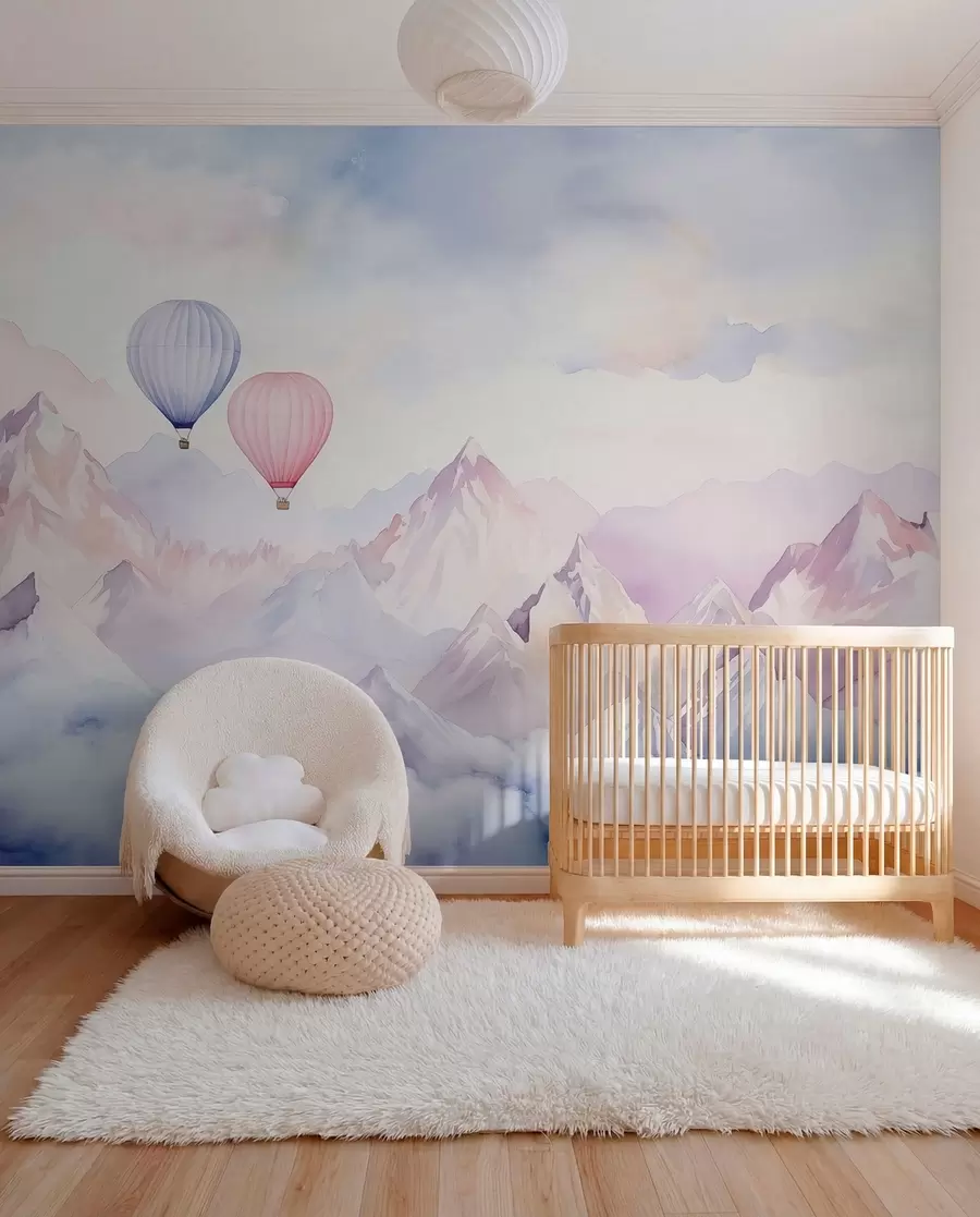 wall murals Watercolor mountains with air balloons, ethereal  w01786