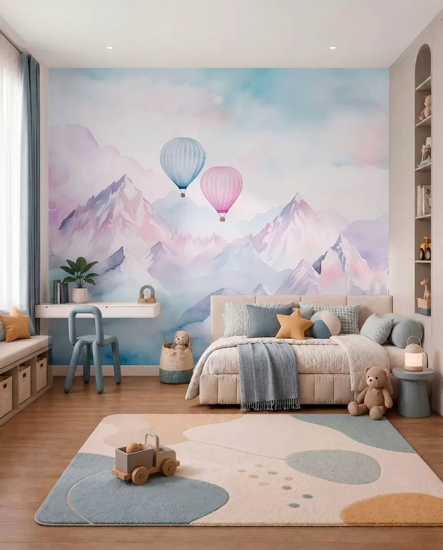 wall murals Watercolor mountains with air balloons, ethereal, blue colors w01786v1