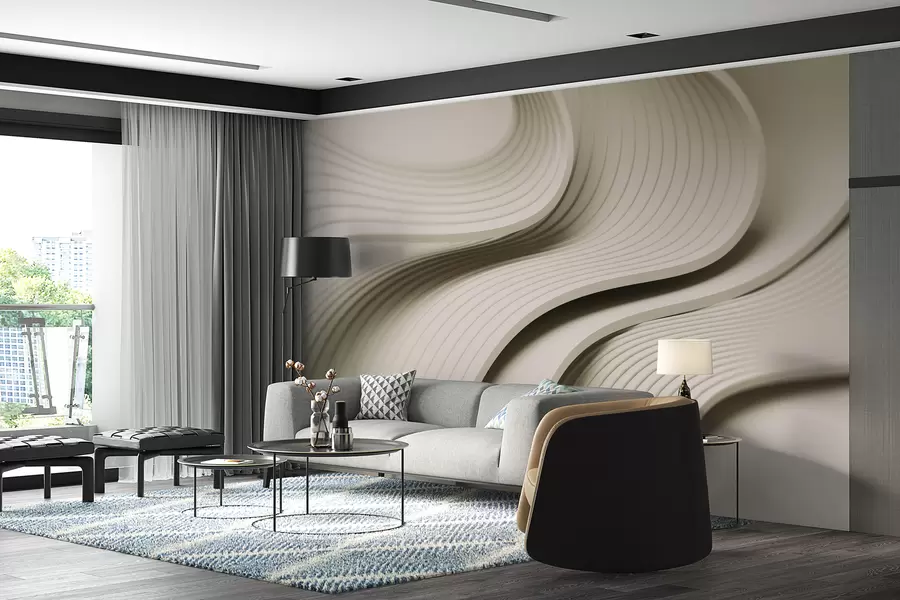 wall murals Elegant voluminous waves in 3D style in beige shades w01147v2