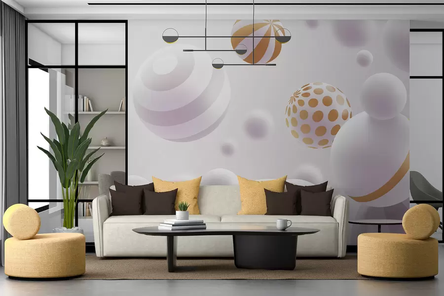wall murals Volumetric 3D-style flying spheres in light gray tones with orange accents w01148