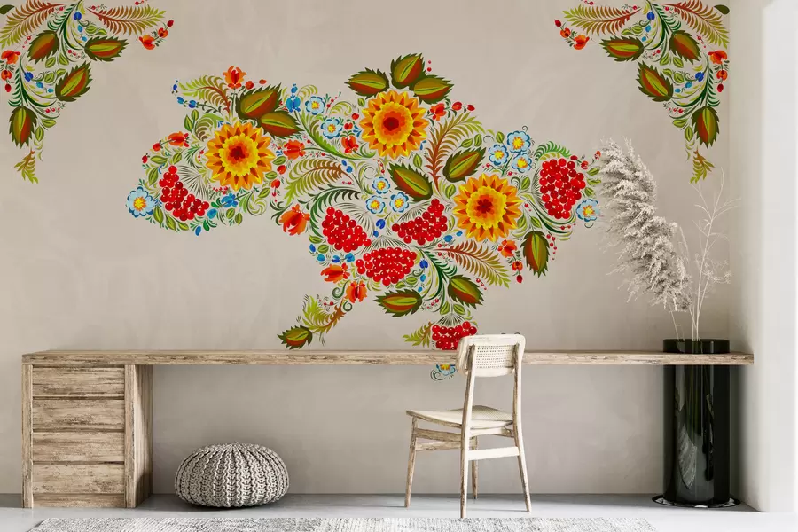 wall murals Map of Ukraine in the style of Petrikov painting on a light beige background w01149