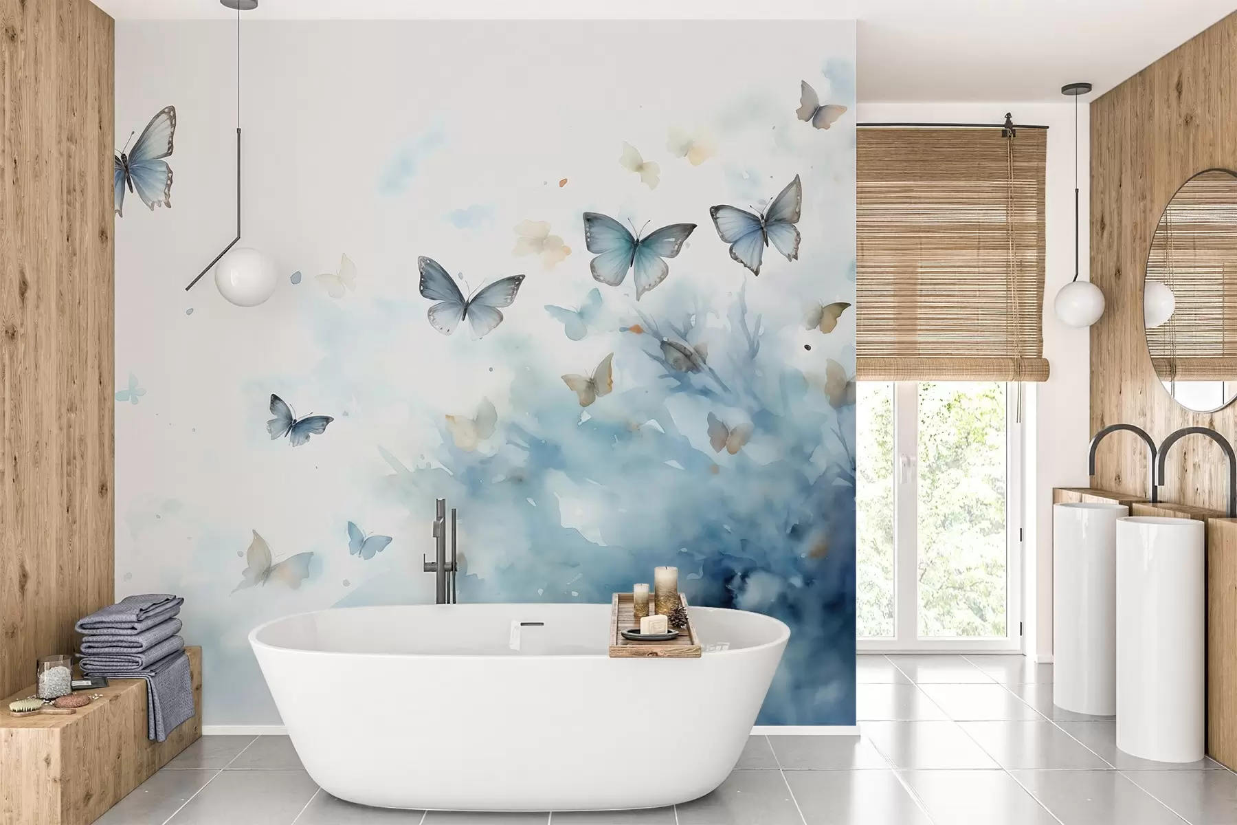 wall murals Butterflies on blue spots background wet watercolor w01861