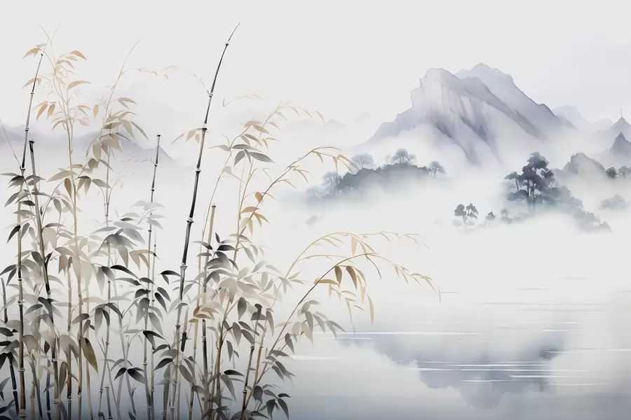 wall murals Wet watercolor bamboo stems on mountain background w01864