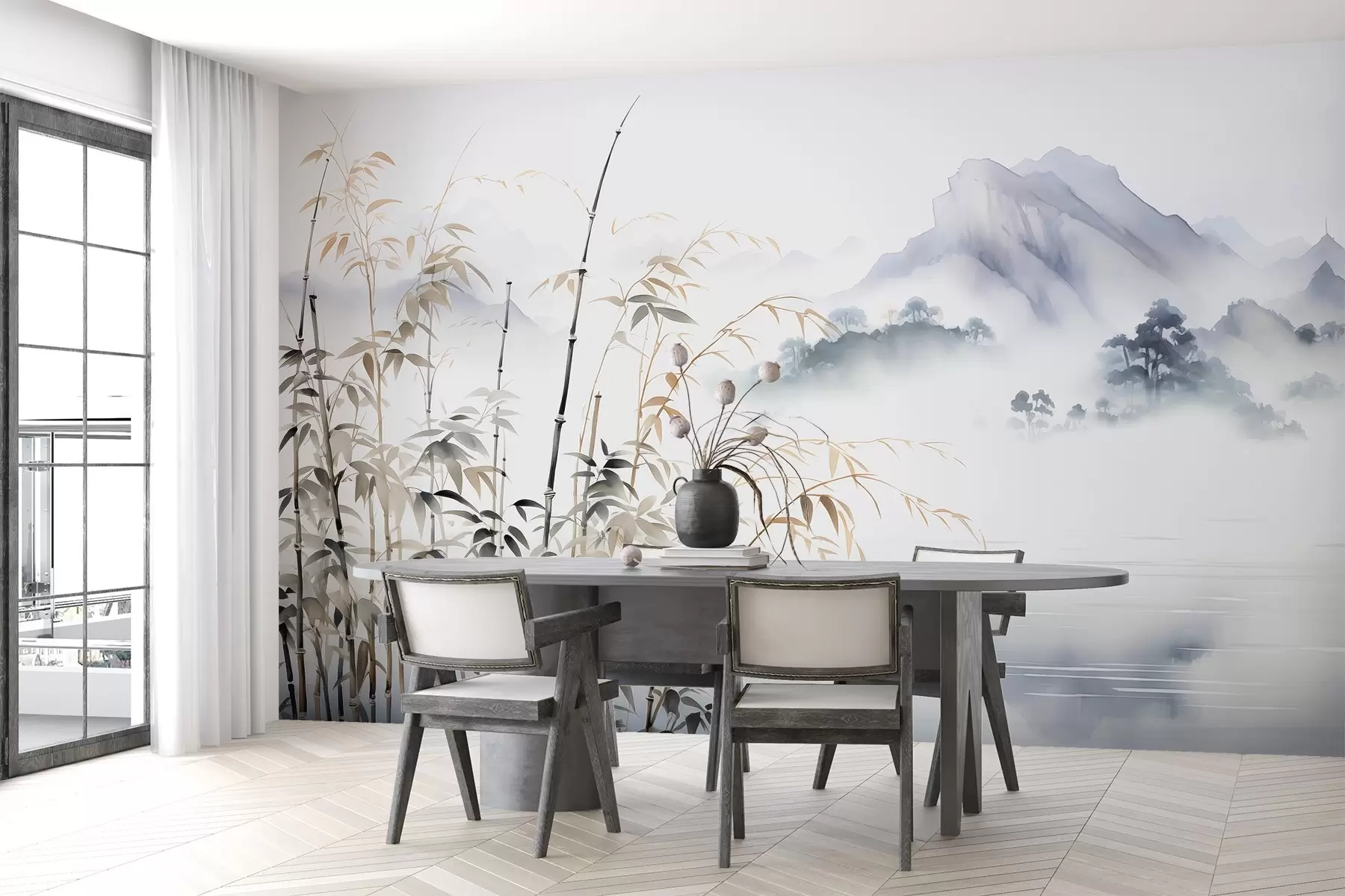 wall murals Wet watercolor bamboo stems on mountain background w01864