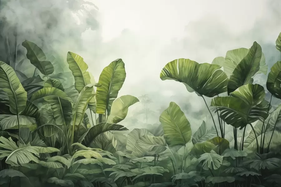wall murals Tropical leaves in the jungle on the background of fog wet watercolor w01868