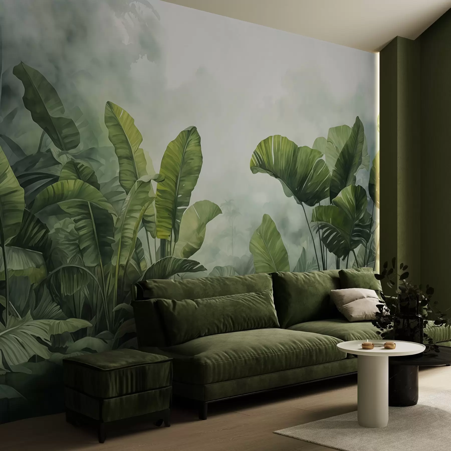 wall murals Tropical leaves in the jungle on the background of fog wet watercolor w01868