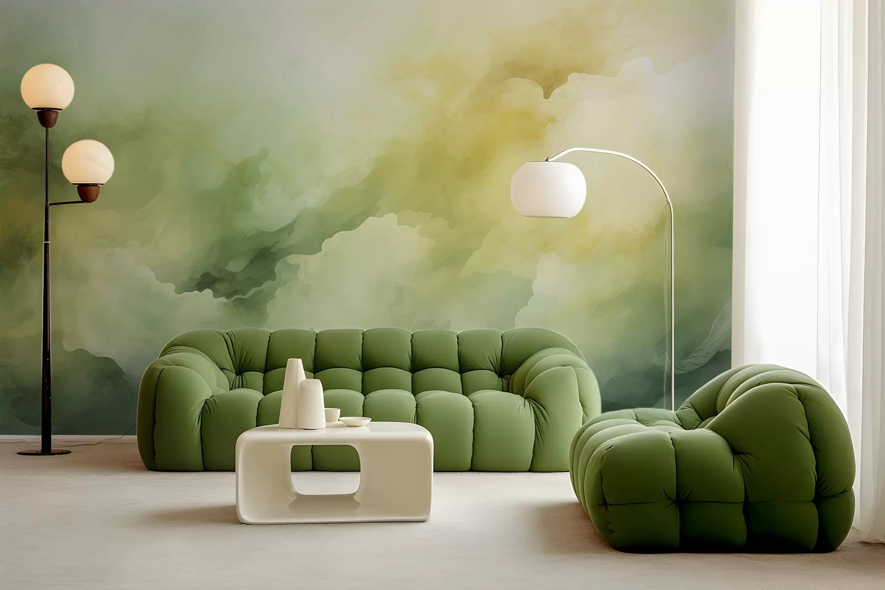 wall murals Green yellow smoke, blurred fog wet watercolor w01869