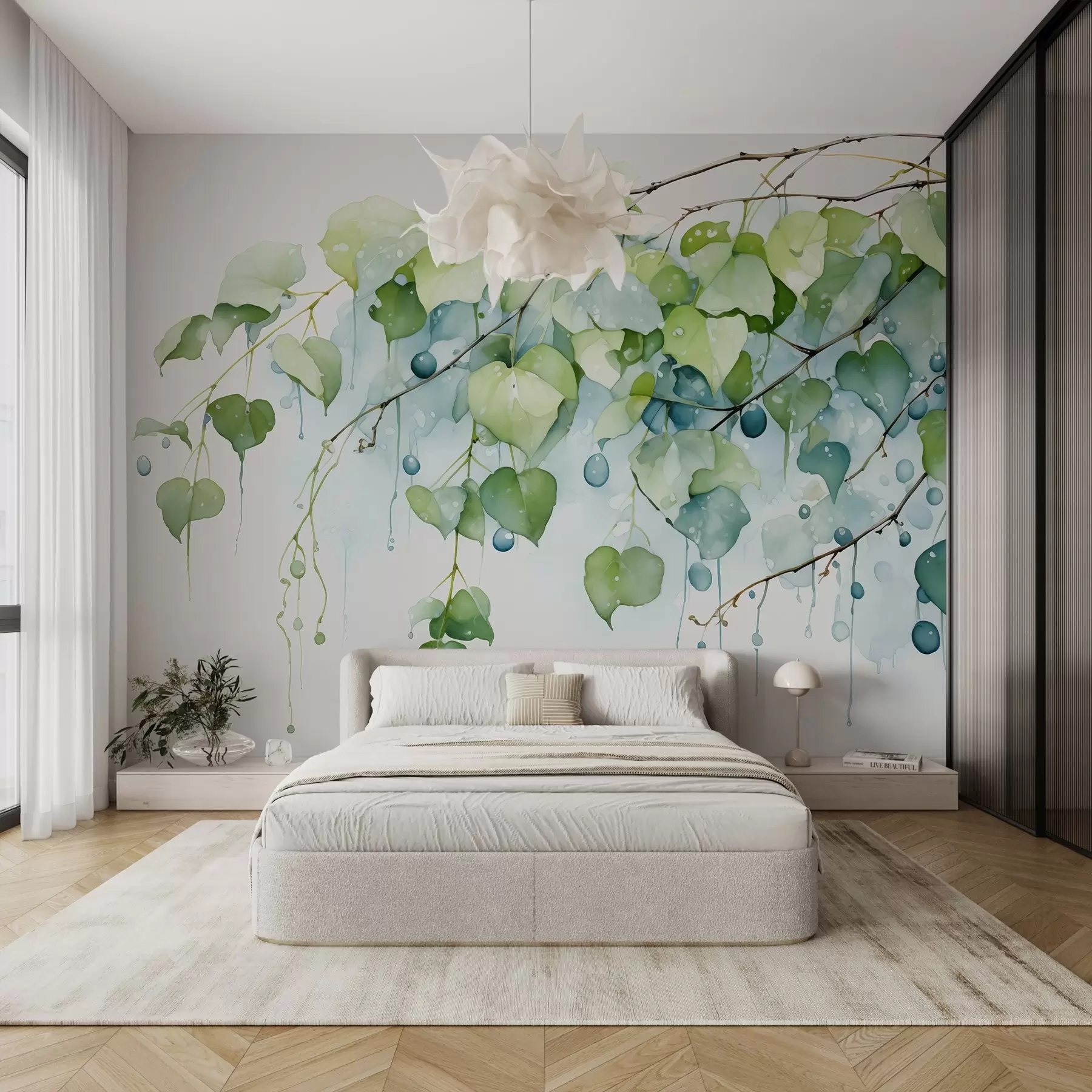 wall murals Branch with leaves wet watercolor w01870