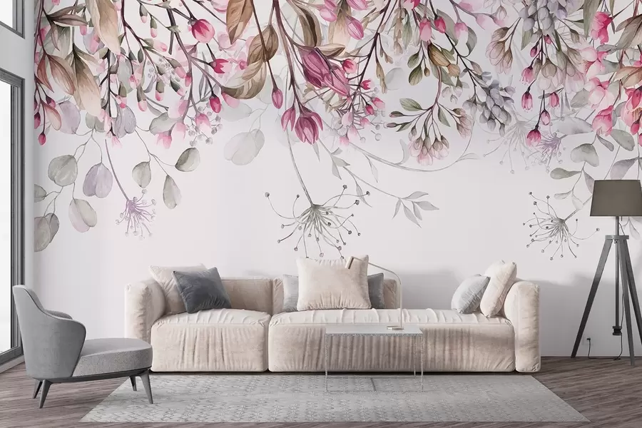 wall murals Delicate pink and white floral branches with leaves and petals, on pastel gray background w08347