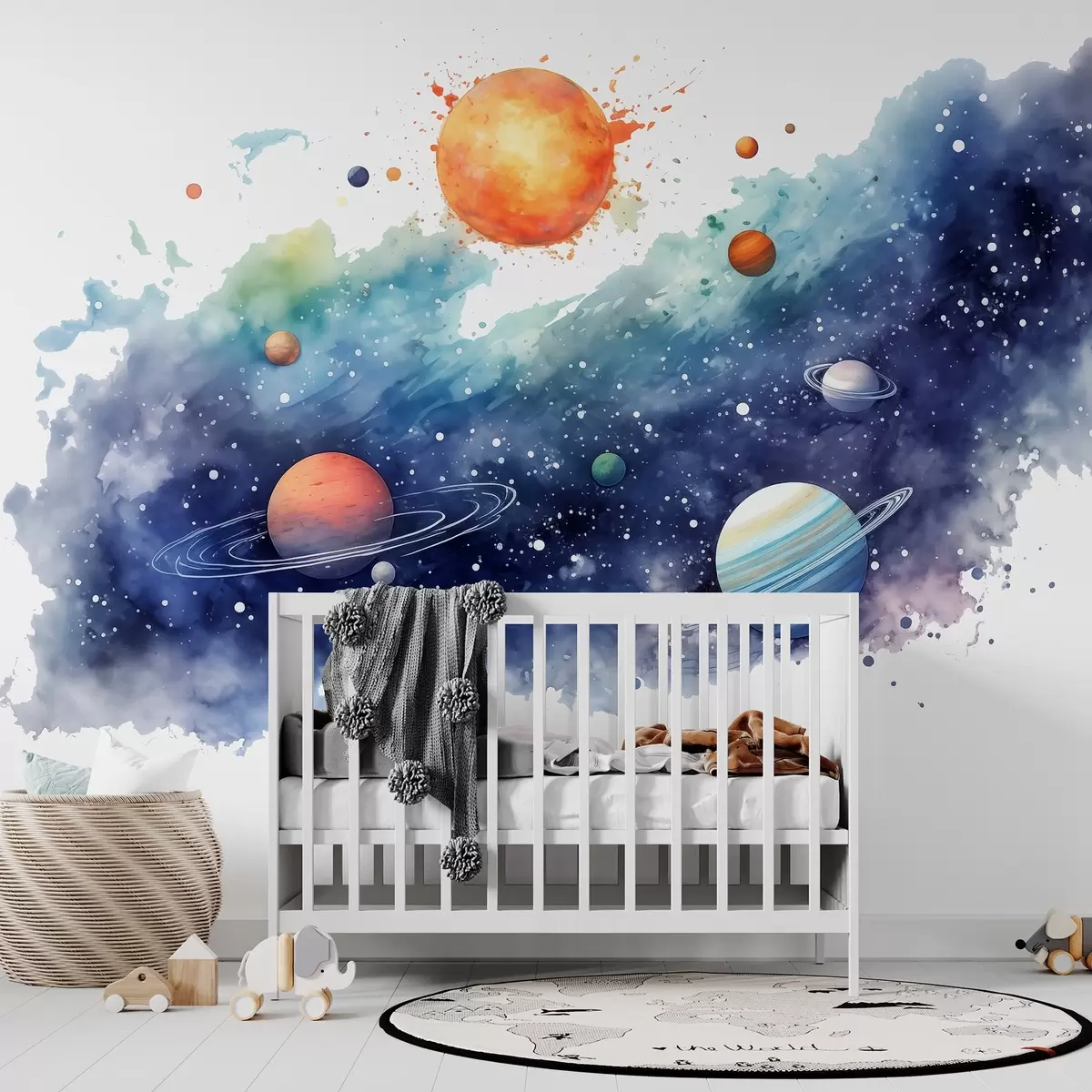 wall murals Watercolor space, planets, sun, stars w01803