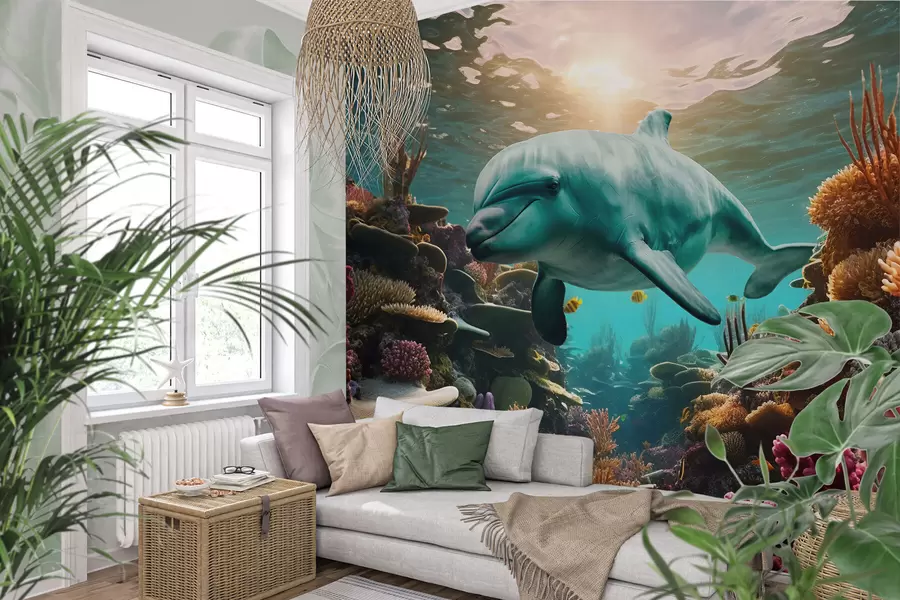 wall murals Large dolphin in the underwater world in coral reefs w01873