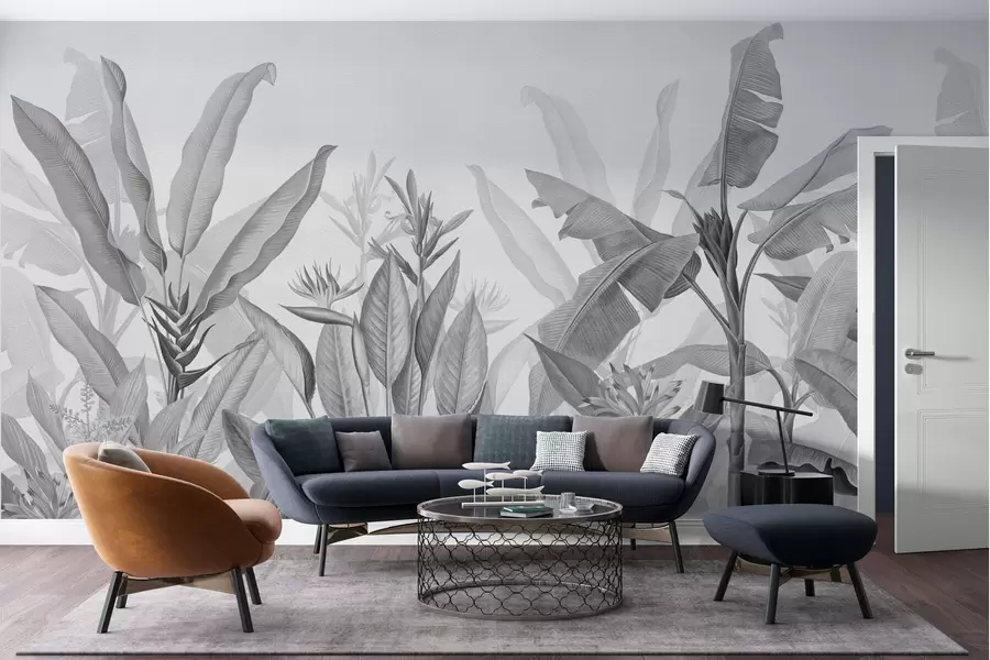 wall murals Black and white tropical leaves and flowers on a light background w01834v3