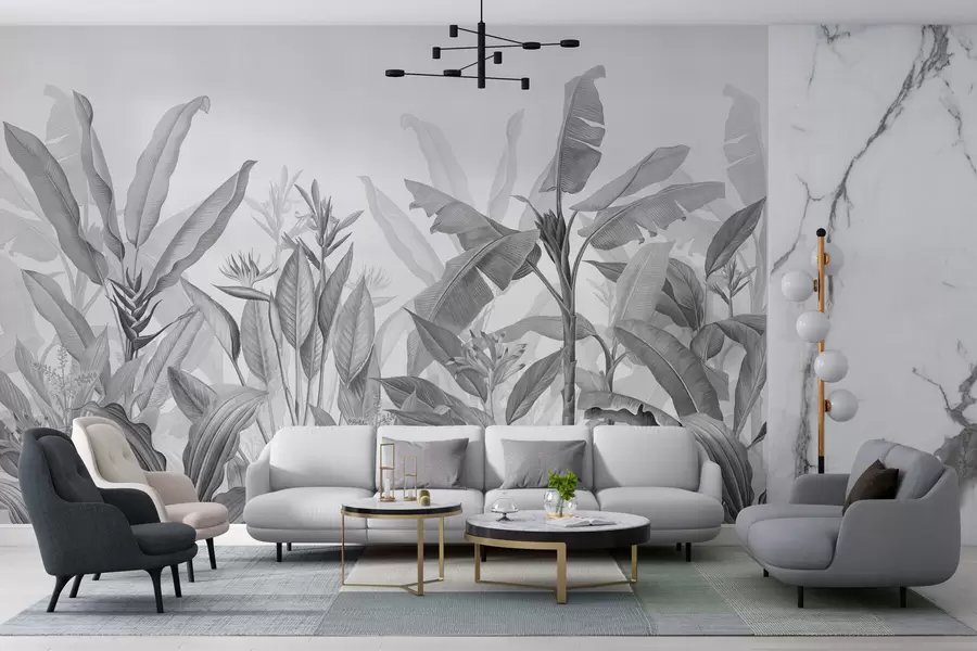 wall murals Black and white tropical leaves and flowers on a light background w01834v3