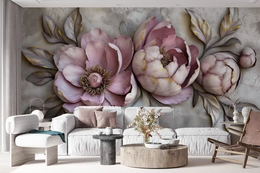 wall murals Floral purple peonies with leaves and petals in muted pastel colors, vintage style w01825