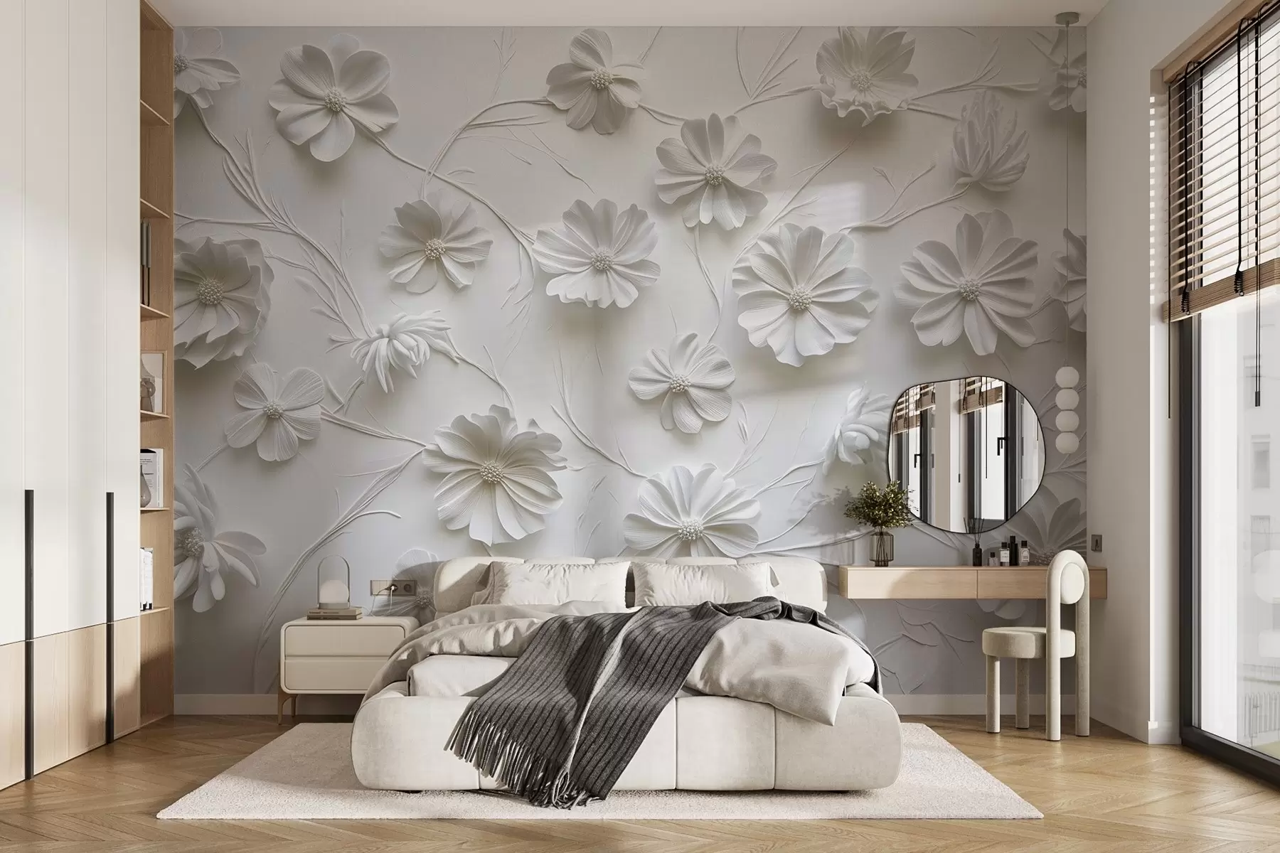 wall murals White relief composition of flowers in a minimalist and sophisticated style w01828