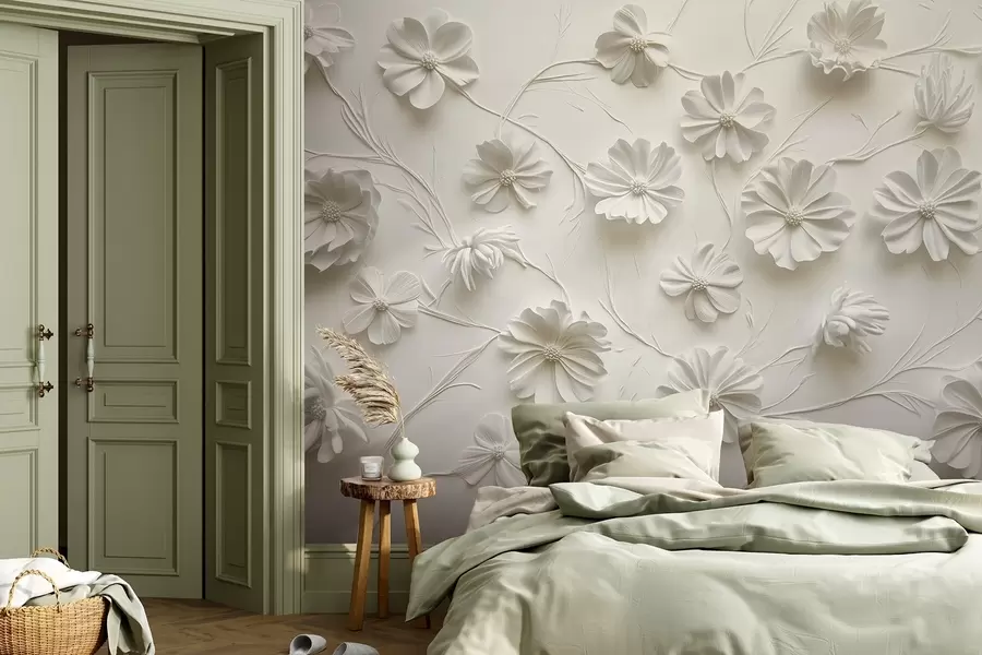 wall murals White relief composition of flowers in a minimalist and sophisticated style w01828