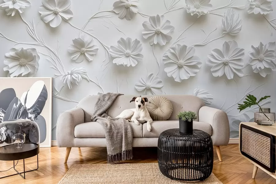 wall murals White relief composition of flowers in a minimalist and sophisticated style w01828