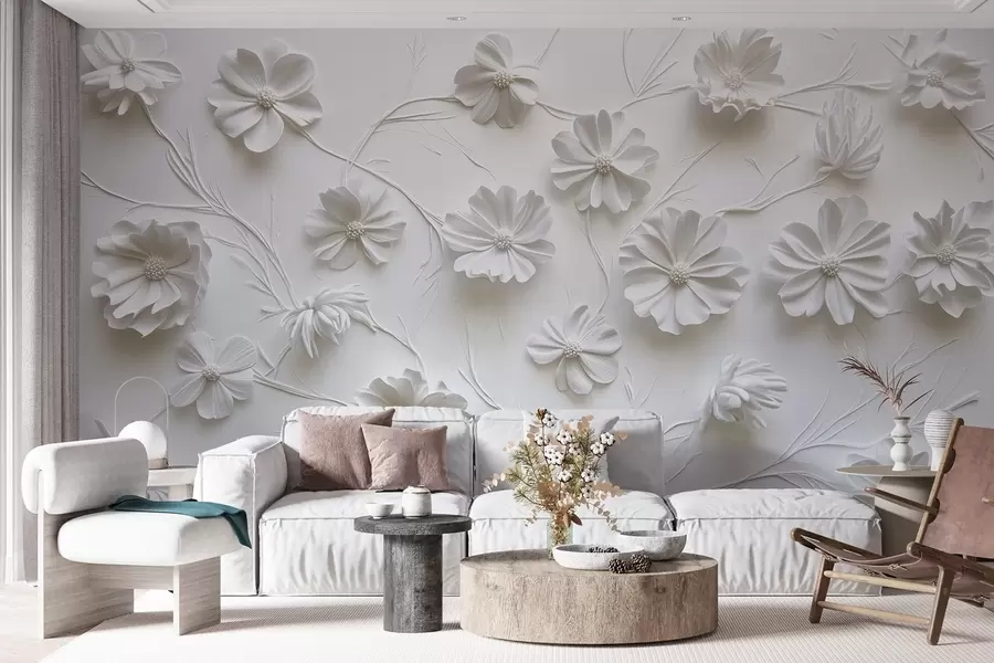 wall murals White relief composition of flowers in a minimalist and sophisticated style w01828