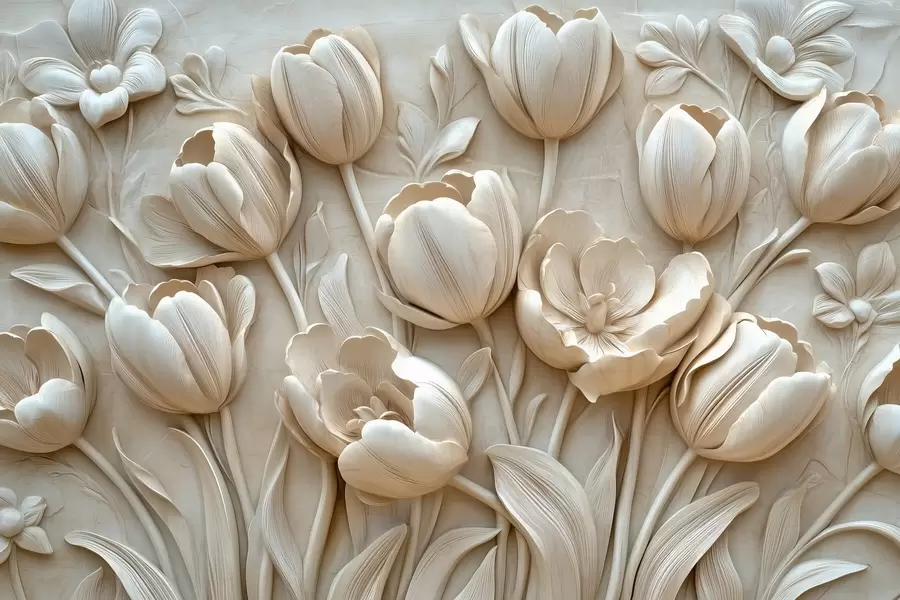 wall murals 3D floral art with graceful tulips in beige color w01851