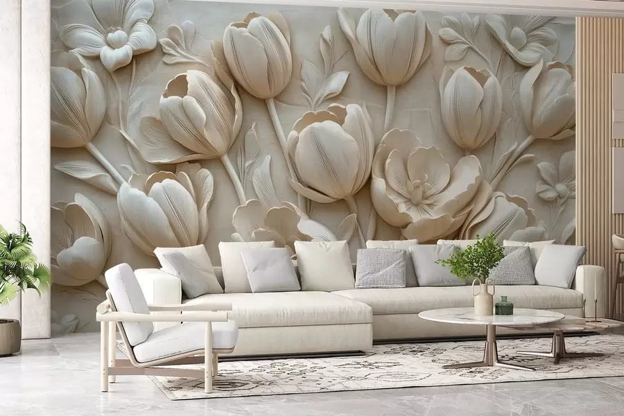 wall murals 3D floral art with graceful tulips in beige color w01851