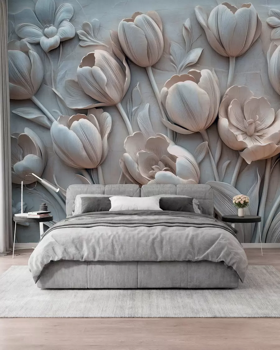 wall murals 3D floral art with graceful tulips in gray color w01851v1