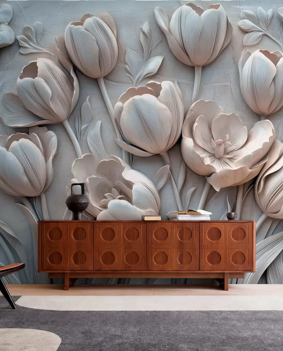 wall murals 3D floral art with graceful tulips in gray color w01851v1