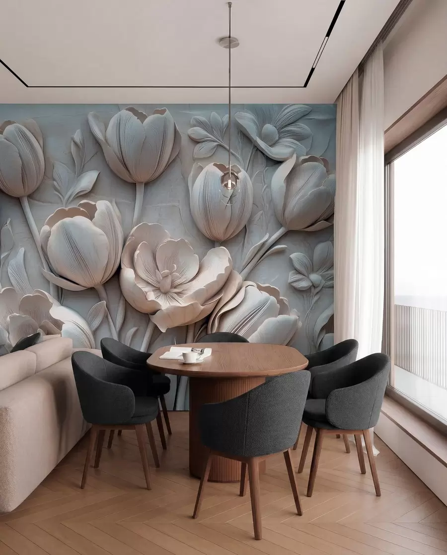 wall murals 3D floral art with graceful tulips in gray color w01851v1