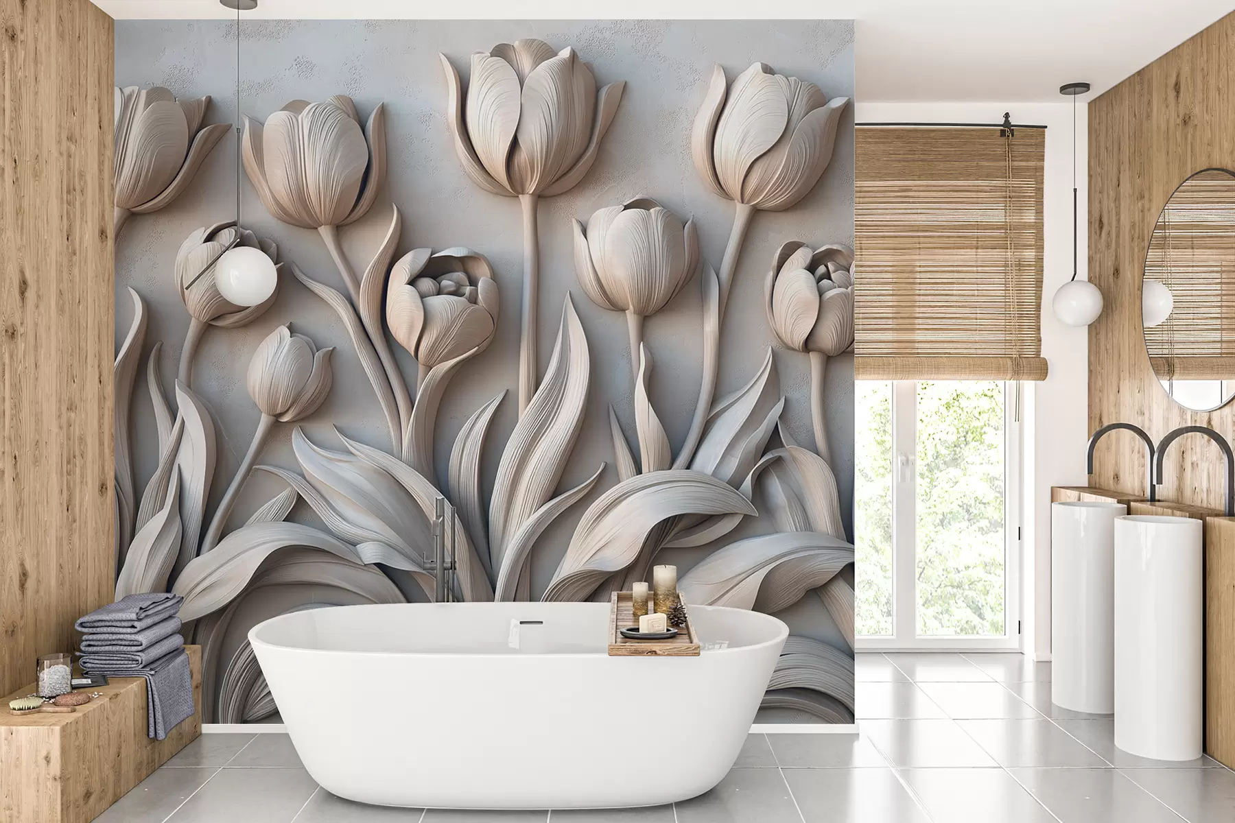 wall murals Floral art with beautiful tulips in a gray color palette w01852v1