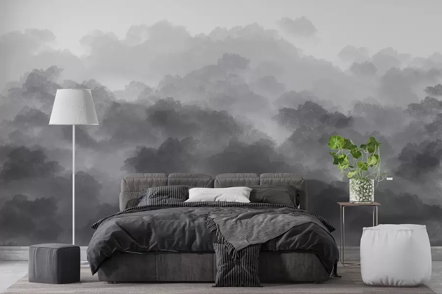 wall murals Forest in the fog, nature landscapes, grey color w01880v3