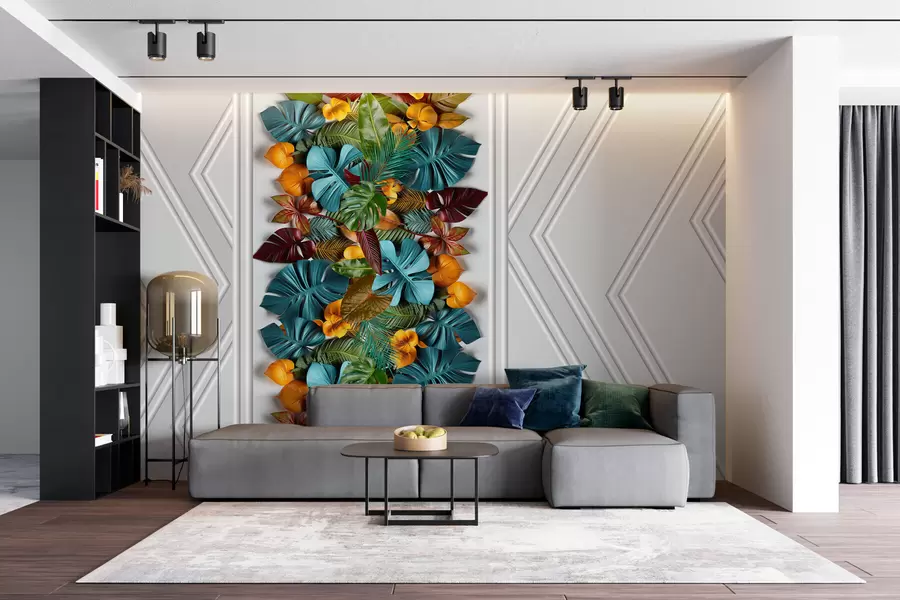 wall murals 3D wallpaper with colorful tropical leaves and geometry on a gray background w01876