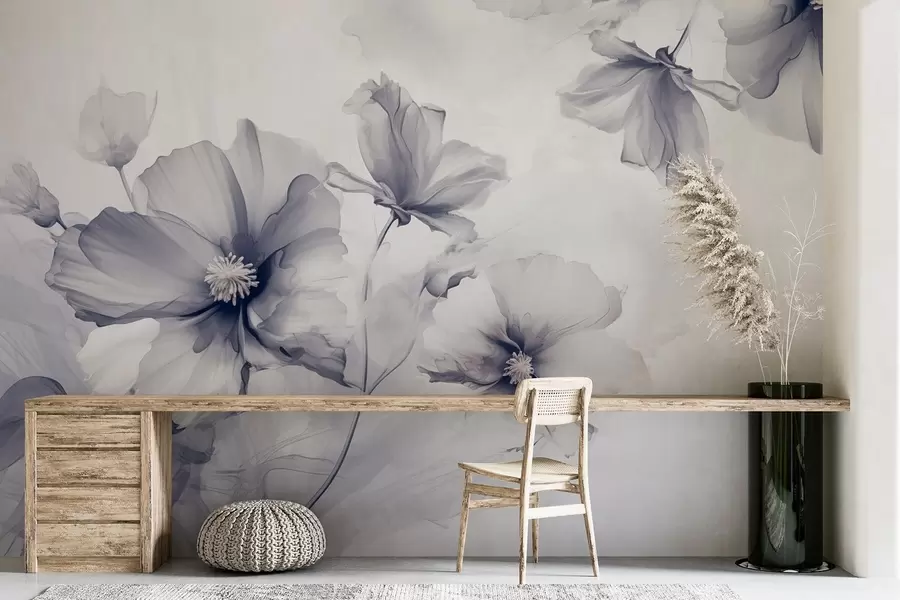 wall murals Airy translucent blue flowers dissolving in the morning light w01938v2